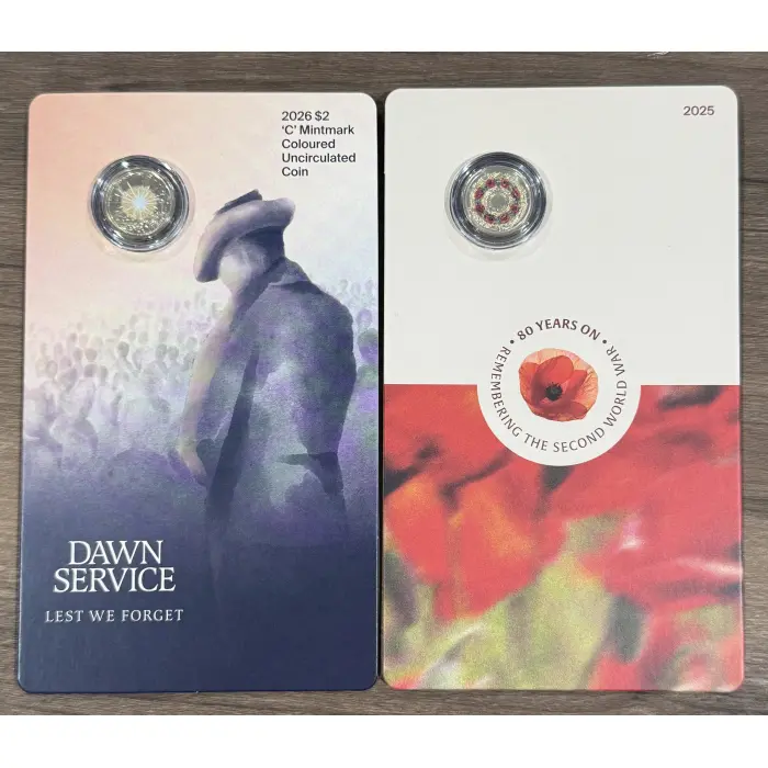 2026 $2 DAWN SERVICE ‘C’ Mint &  2025 'C' Mint 80 YEARS REMEMBERING CARDED COINS