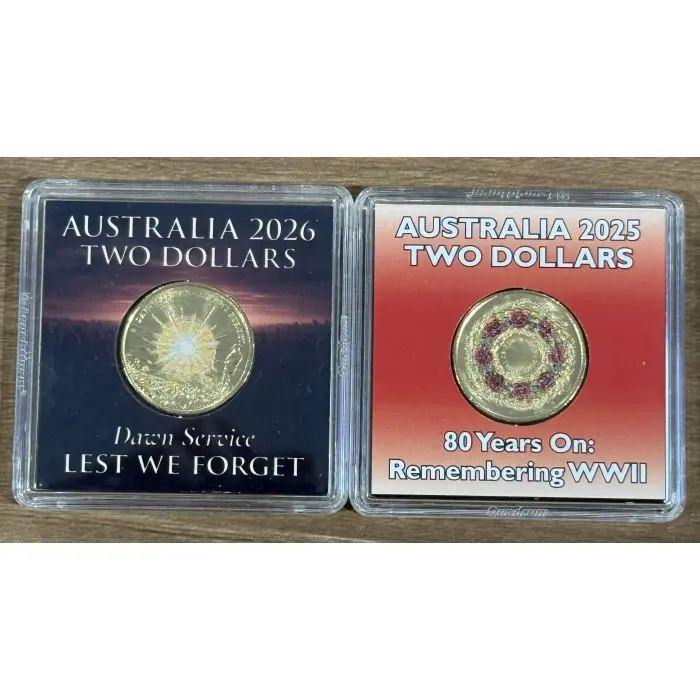 Coloured $2 coins - 2025 80 Years On: Remembering WWII Poppy Wreath & 2026 Dawn 