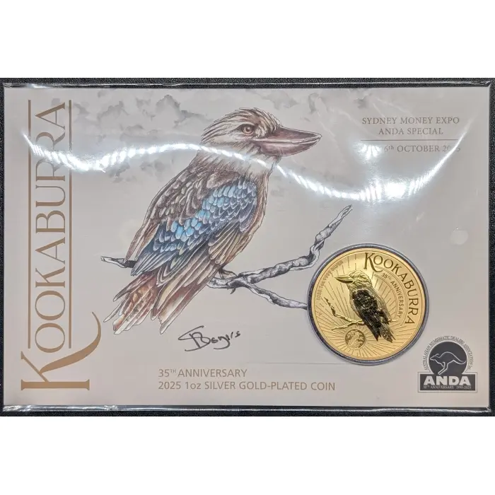Signed 2025 Sydney ANDA 35th Anniversary Kookaburra 1oz Silver Gold-Plated Coin